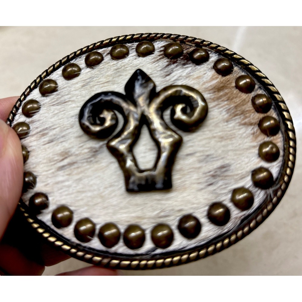 Fleur de Lis Belt Buckle Oval Hair On Hide Cowhide Rope VTG Gold Tone Spain 3.5